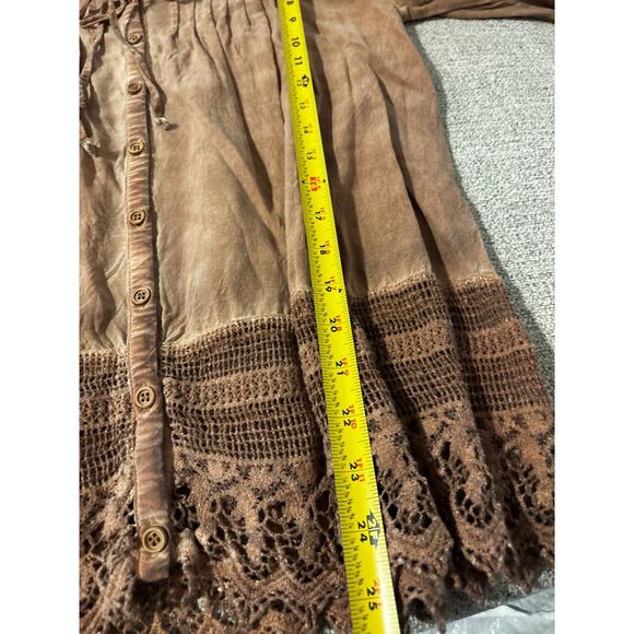 She + Sky Brown Boho Button Front Blouse Lace Hem Peasant Top Women’s Small - Picture 7 of 7